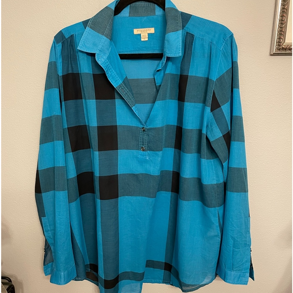 Burberry Brit Check Plaid Popover Blouse 1/2 Placket Button Down Large